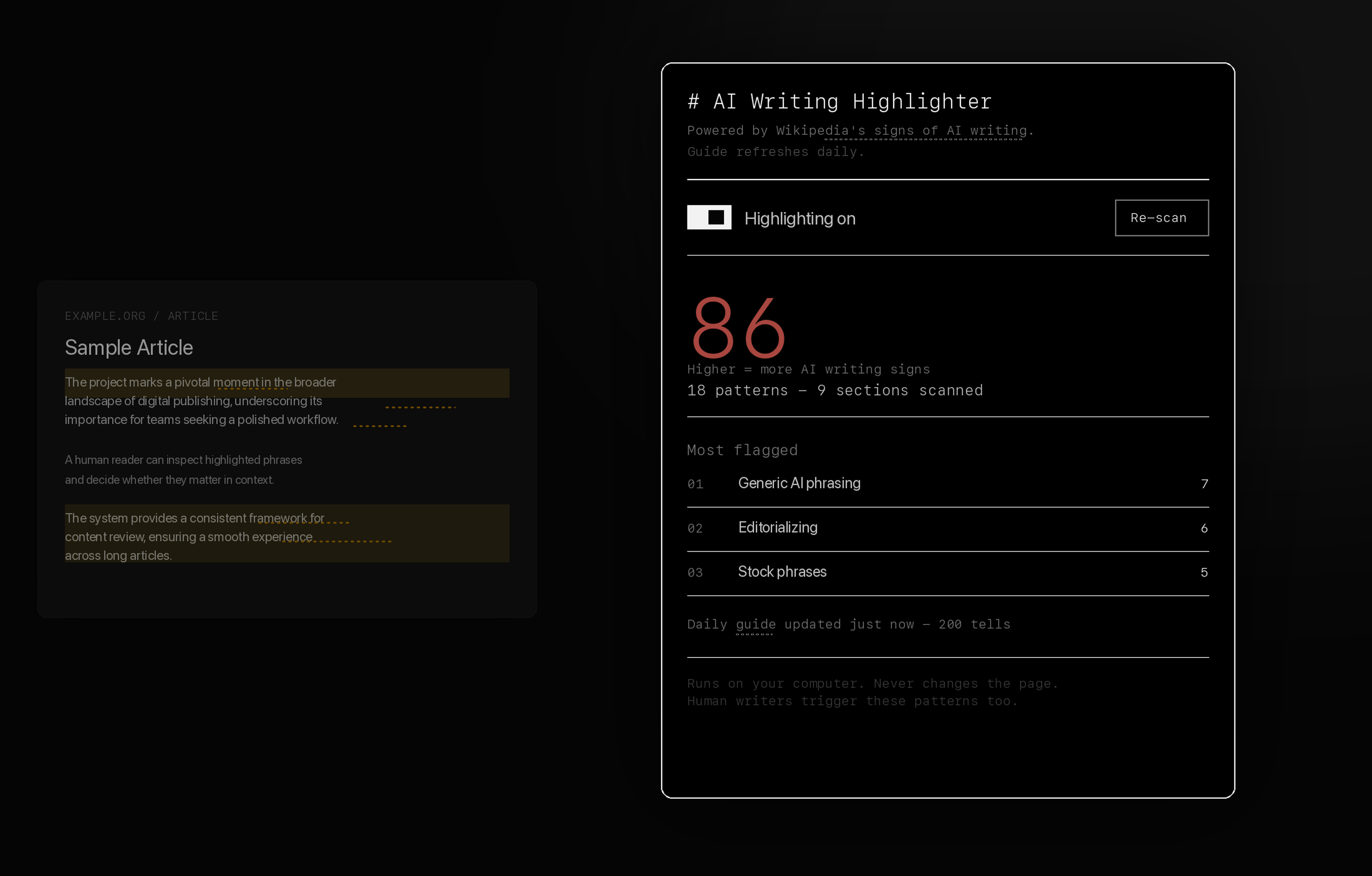 AI Writing Highlighter popup showing a high AI-writing score while matching text is highlighted on a neutral sample article.